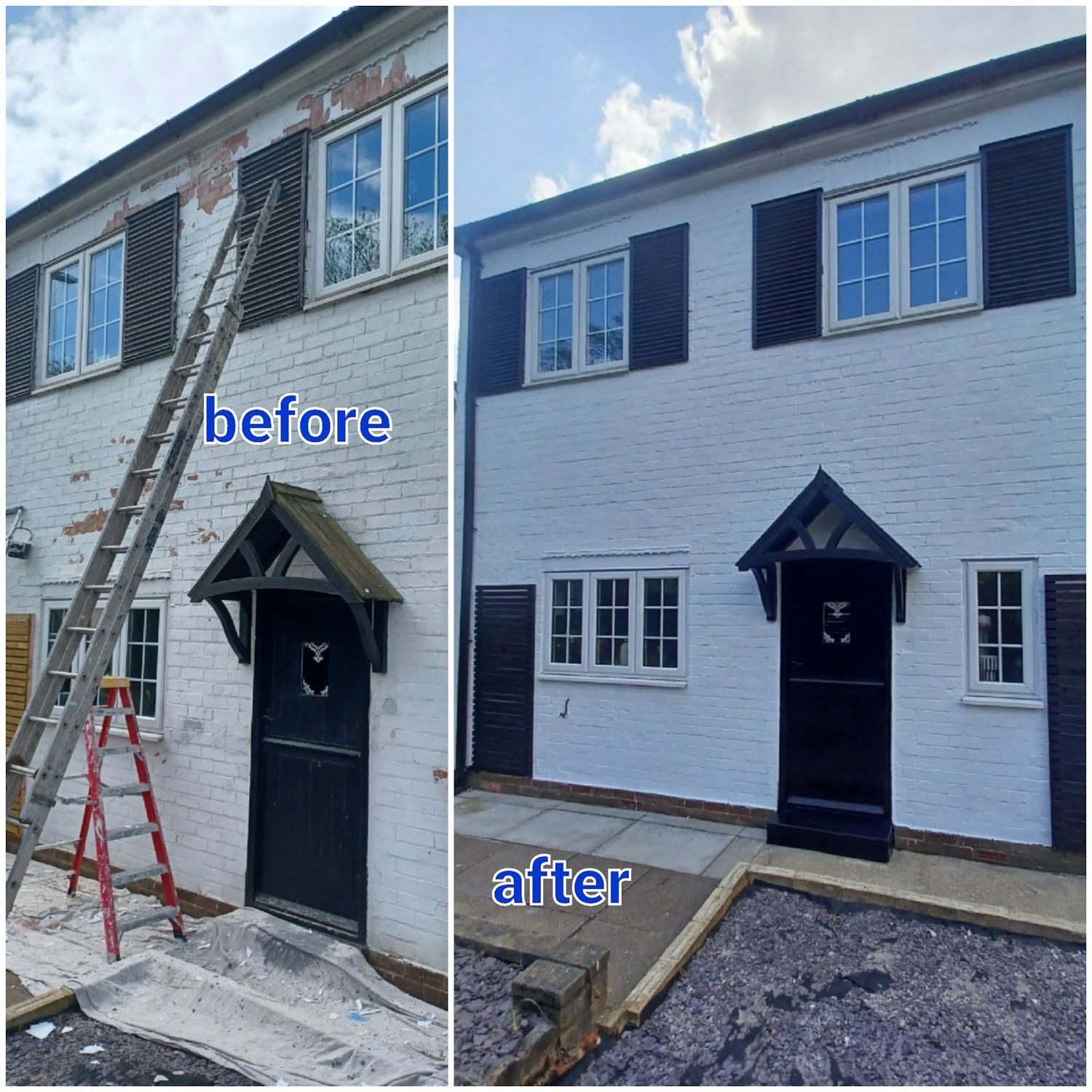 A house front shown before and after painting: patchy white brick on the left, clean white paint with black shutters and door on the right