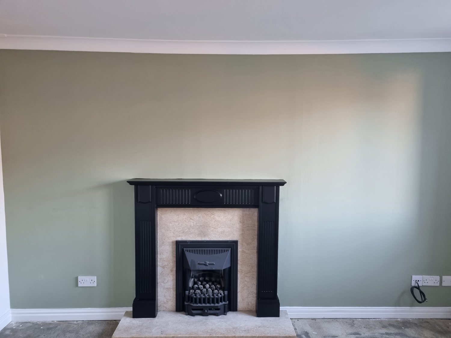 A sage green living room with a black fireplace